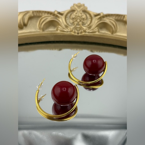 Jewelry - Gold Hoop Earrings with Burgundy Red Bead – Modern Statement